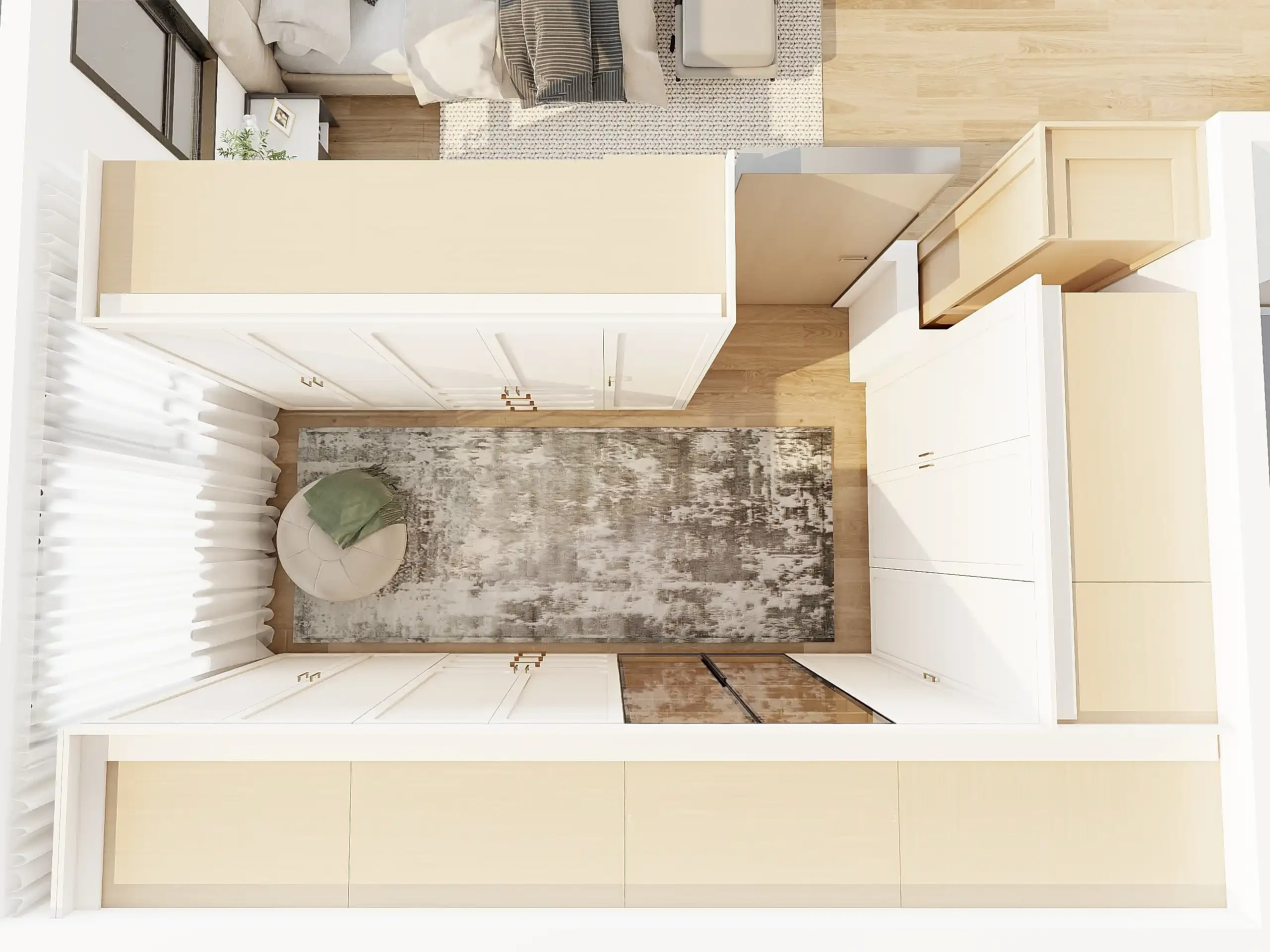 Walk In Closet 19 aerial view of walk in closet with white cabinets beige shelving and cozy seating area