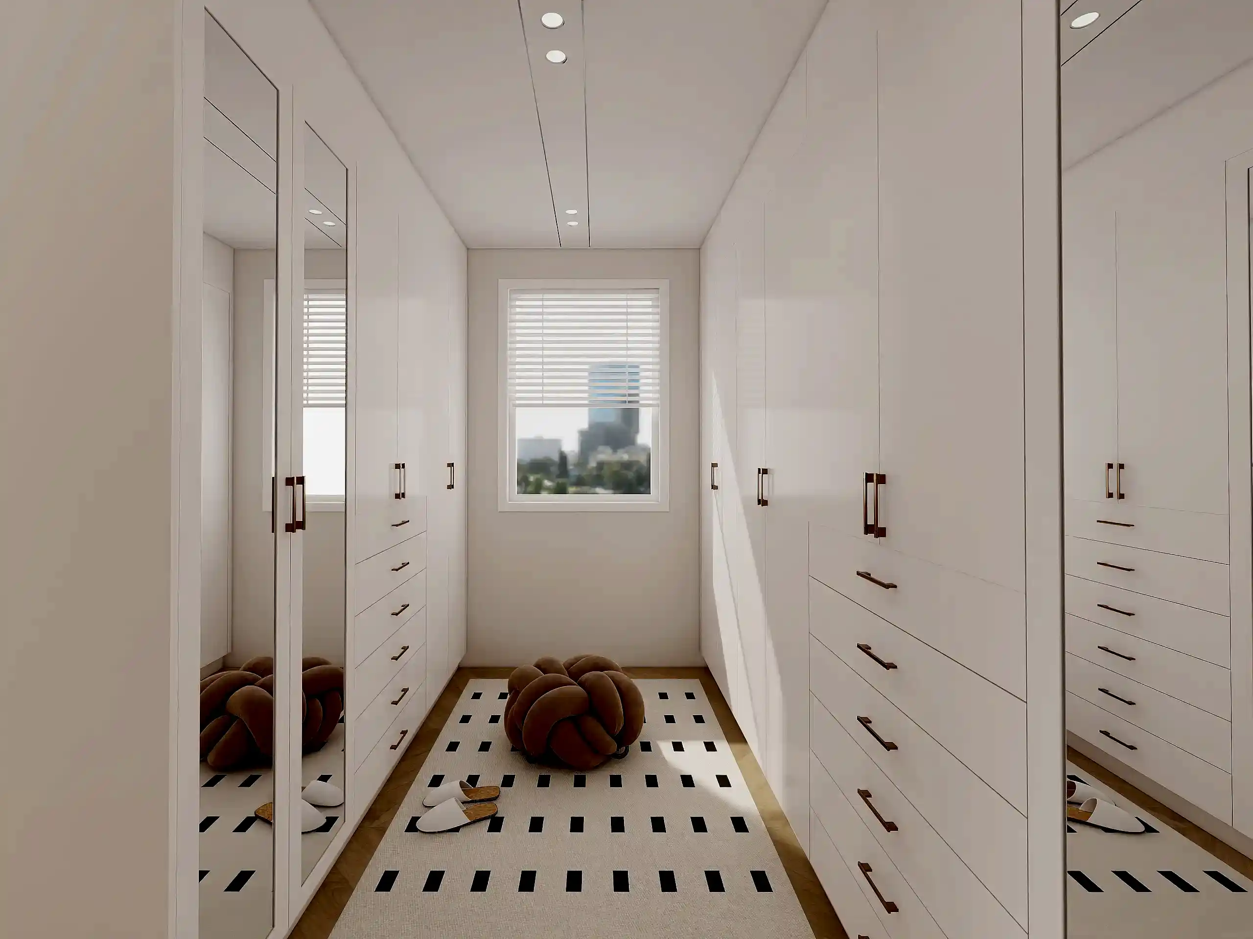 Walk In Closet 21 double-sided layout minimum width of walk in closet with mirrored doors organized drawers and natural light from window