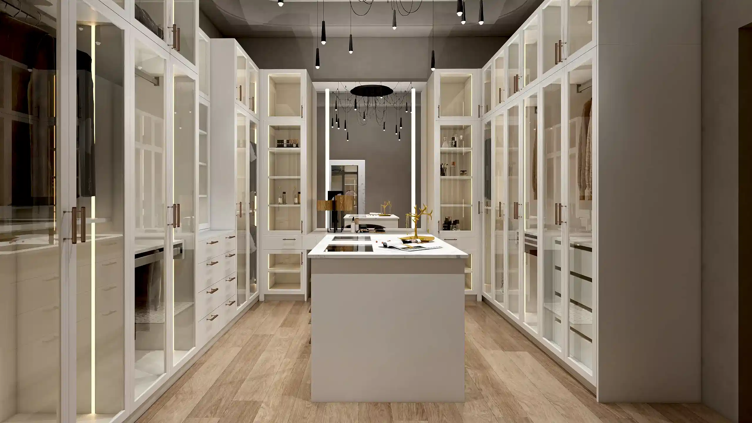 Walk In Closet 23 U shaped layout walk in closet with glass front cabinets central island and modern lighting design scaled
