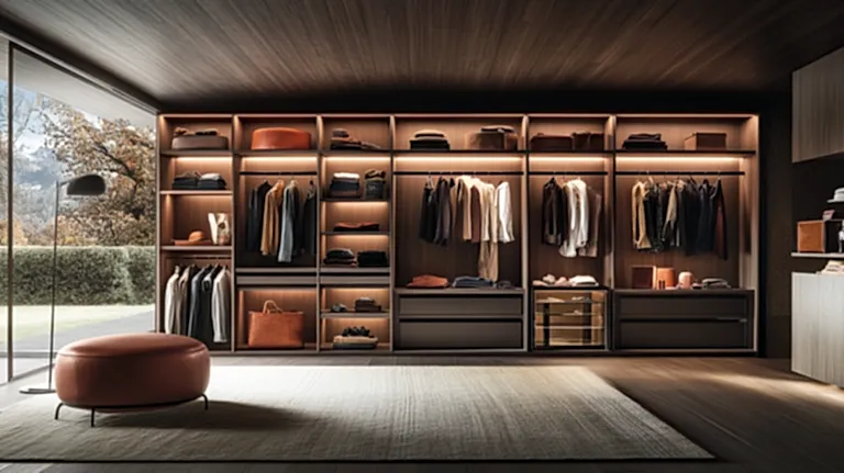 Blog 1 A modern open wardrobe closet showcasing shelves and hanging racks in a spacious room.
