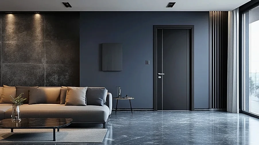 Interior Door 5 A cool black interior door with blue undertones, standing out against gray walls and modern design elements.