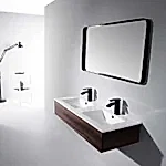 Sanitary Ware 24 Contemporary double sink vanity with black faucets and wooden base featuring a sleek mirror