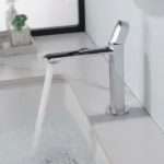 Sanitary Ware 15 Sleek chrome bathroom faucet with modern design flowing water into a white sink
