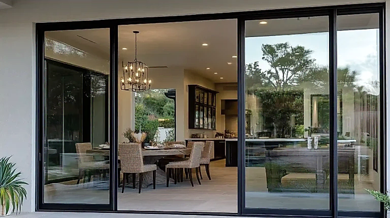 Blog 13 A large sliding aluminum door connecting a living room to an outdoor patio with modern minimalist frames.