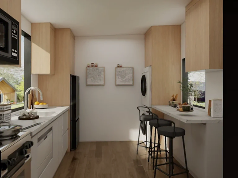 minimalist cabinet design for galley kitchen layout with sleek, flat-panel doors.