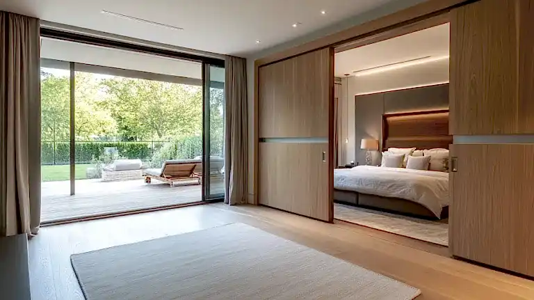 Kitchen Design 35 A cozy bedroom with a solid wood pocket door for privacy and elegance.