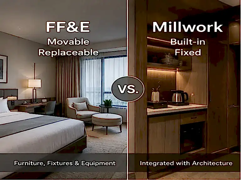 Blog 9 Hotel FF&E vs. millwork showing movable furniture and built-in interior elements