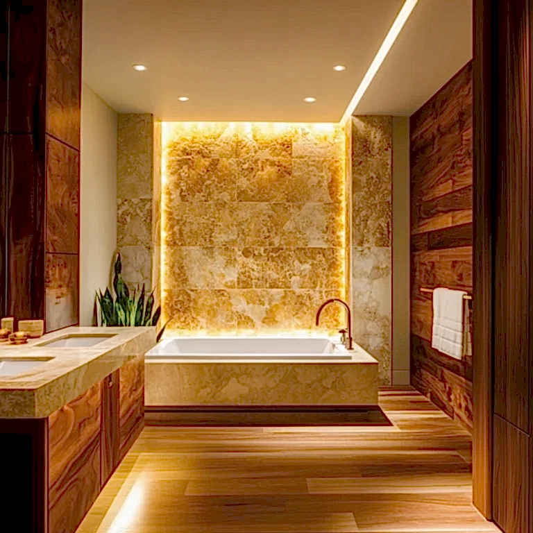 Blog 12 luxury bathroom ideas featuring a warm wood vanity, soft lighting, stone textures, and spa-inspired details