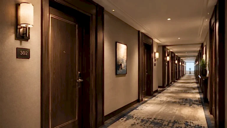 Blog 11 Wooden hotel room door with warm lighting, room number, and electronic lock.