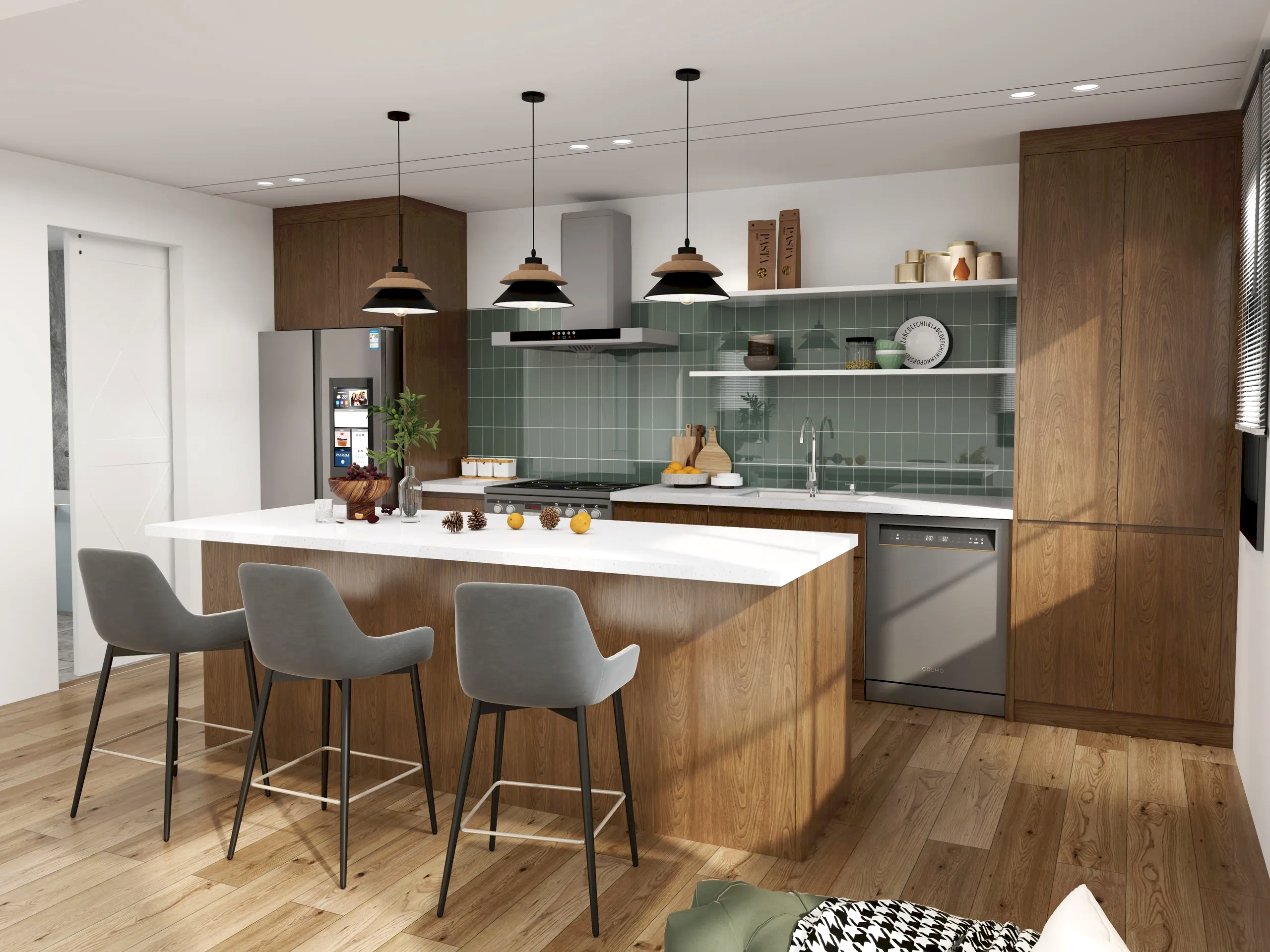 Melamine Kitchen Cabinets 10 Dark oak melamine cabinetry paired with bold green wall tiles creating a modern kitchen with natural wood textures.