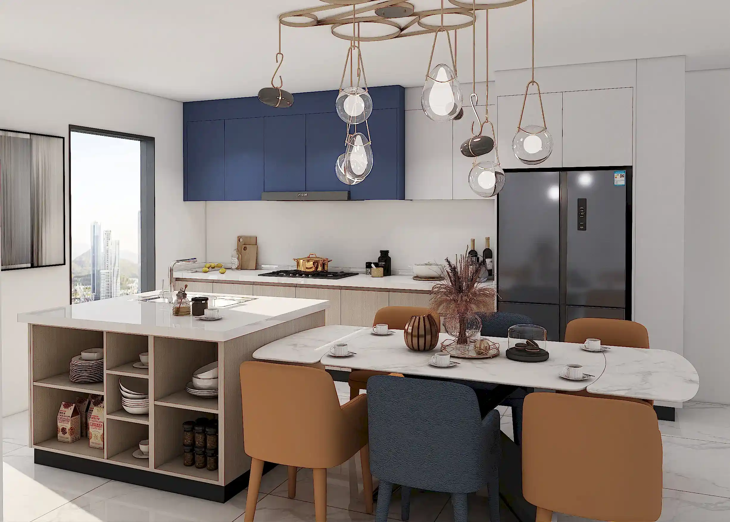 Melamine Kitchen Cabinets 9 stylish blend of deep blue and light wood cabinetry with an open island for added functionality contemporary lighting and a spacious dining area