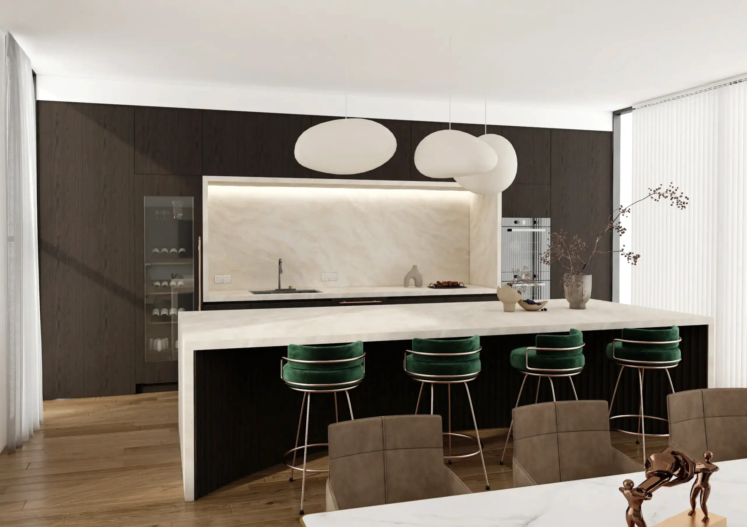 Wood Veneer Cabinets 16 Dark wood veneer cabinets paired with a sleek marble countertop complemented by green velvet stools and contemporary lighting