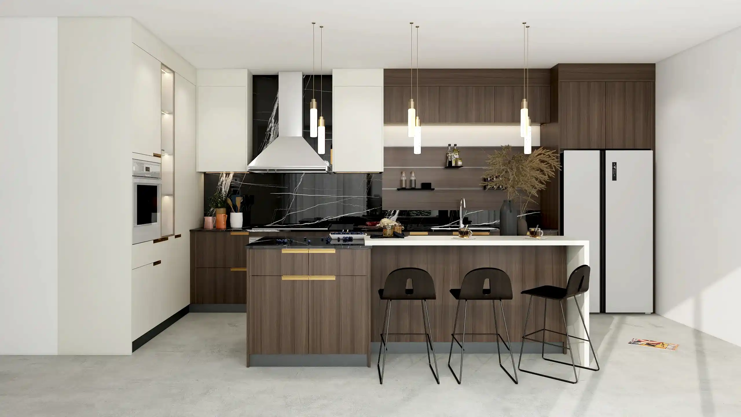 Melamine Kitchen Cabinets 11 Sophisticated kitchen with dark melamine cabinetry paired with contrasting light walls, creating a sleek and modern atmosphere